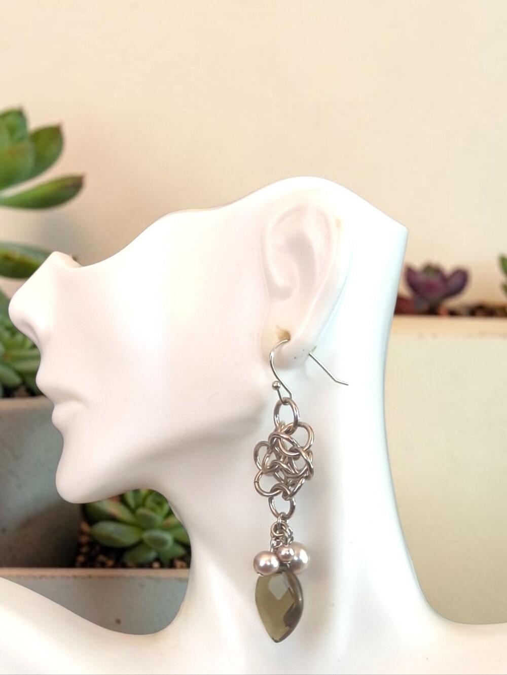 Celtic Knotted Silvertone Dangle Earrings with Olive Glass Teardrop